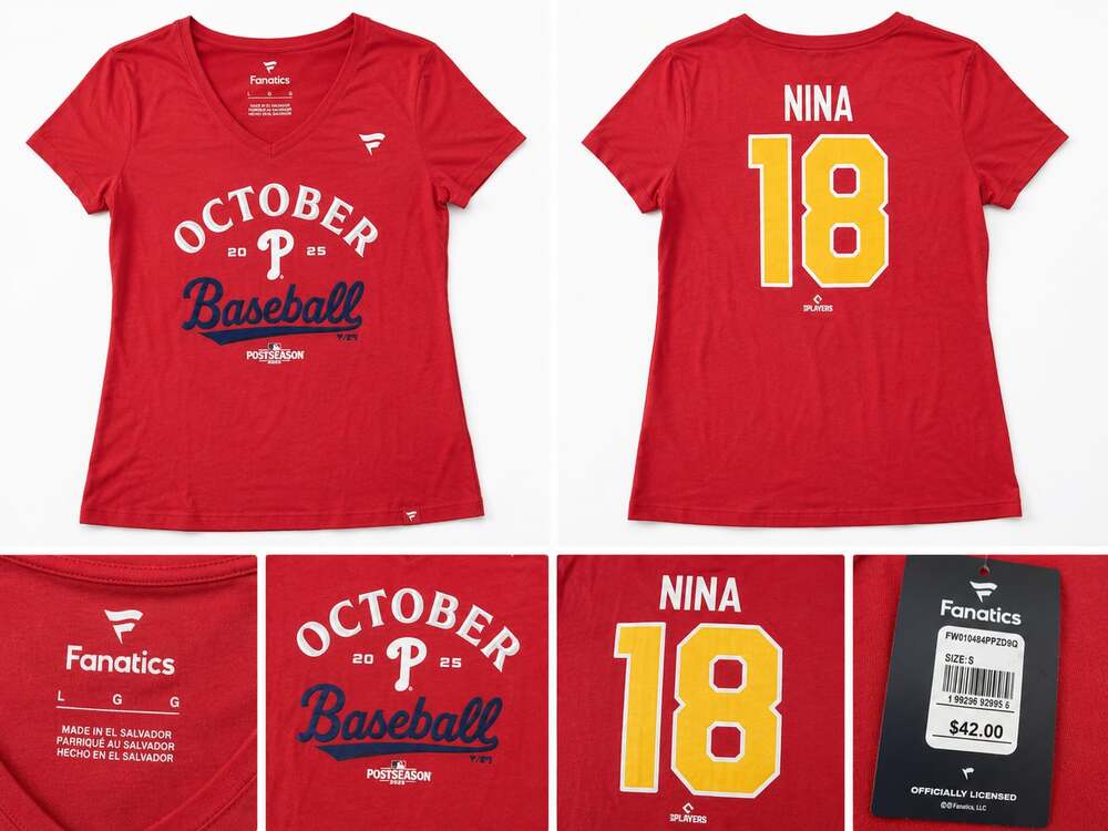 Fanatics Philadelphia Phillies 2025 MLB  Personalized 'NINA 18' V-Neck T-Shirt